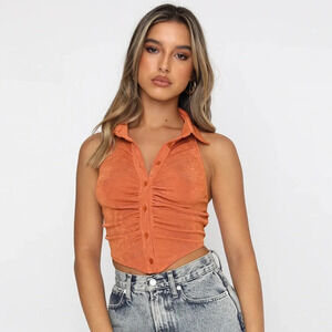 NWT Orange Backless Collared Halter Crop Top